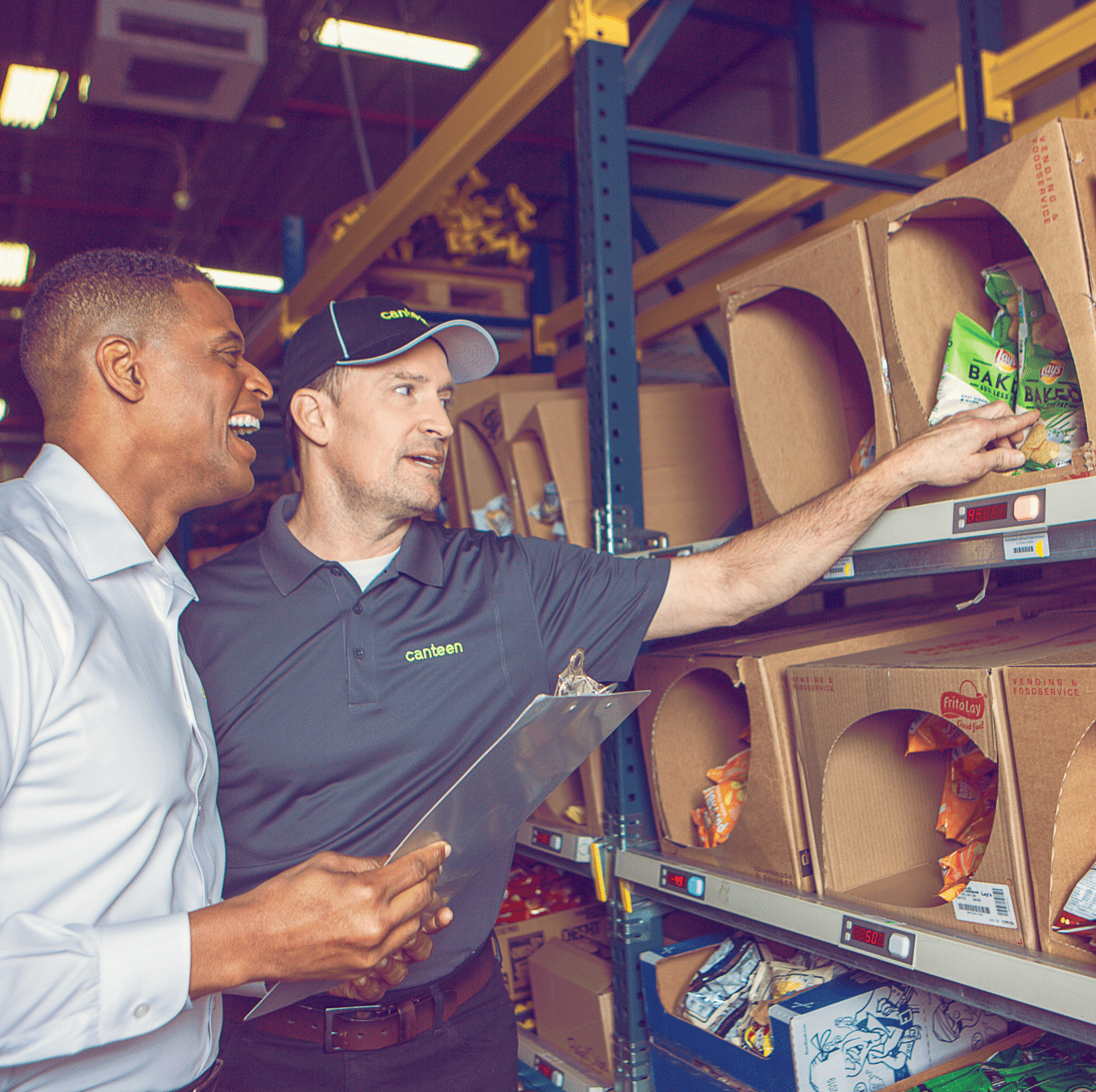 ptwmt workers in warehouse, snacking inventory, bulk snack options