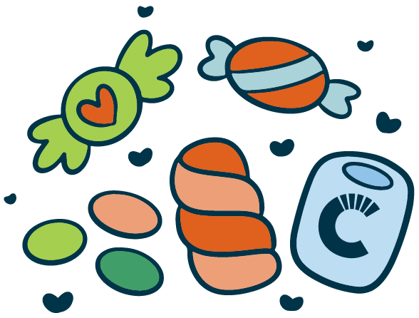 Snack box icons, cartoon candy and snacks