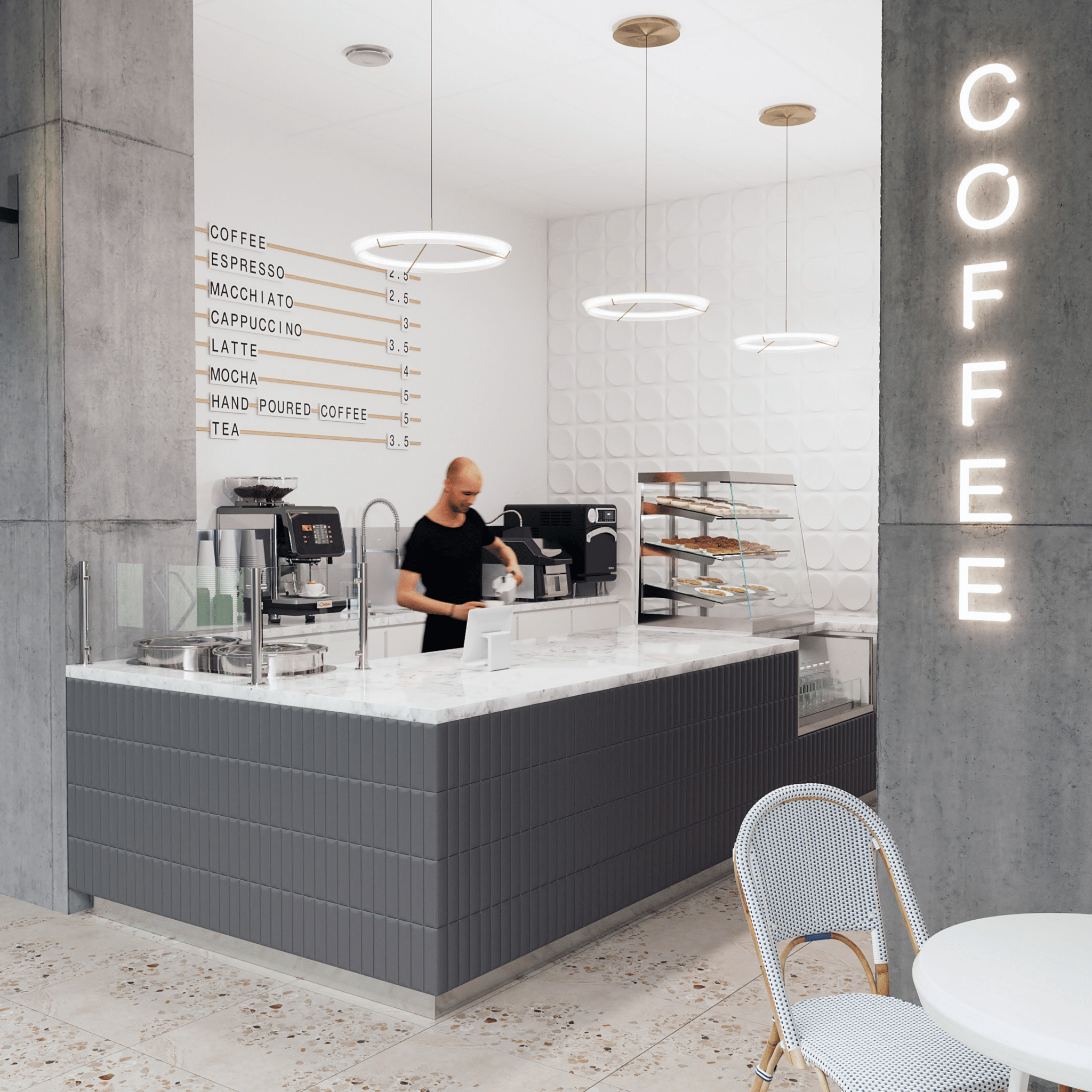 Coffee bar rendering, LED coffee sign, barista making coffee